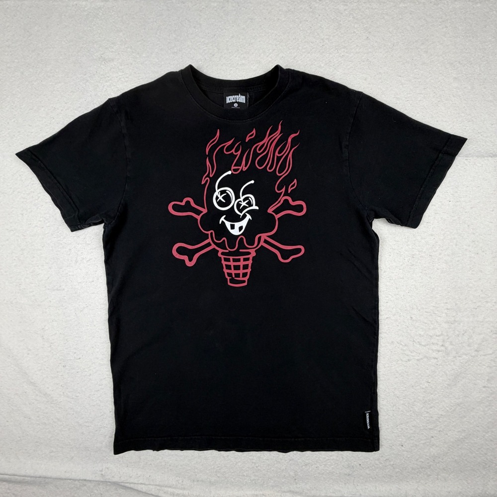 Icecream Mens Black Flaming Cone Graphic T-Shirt Medium Streetwear RN98011